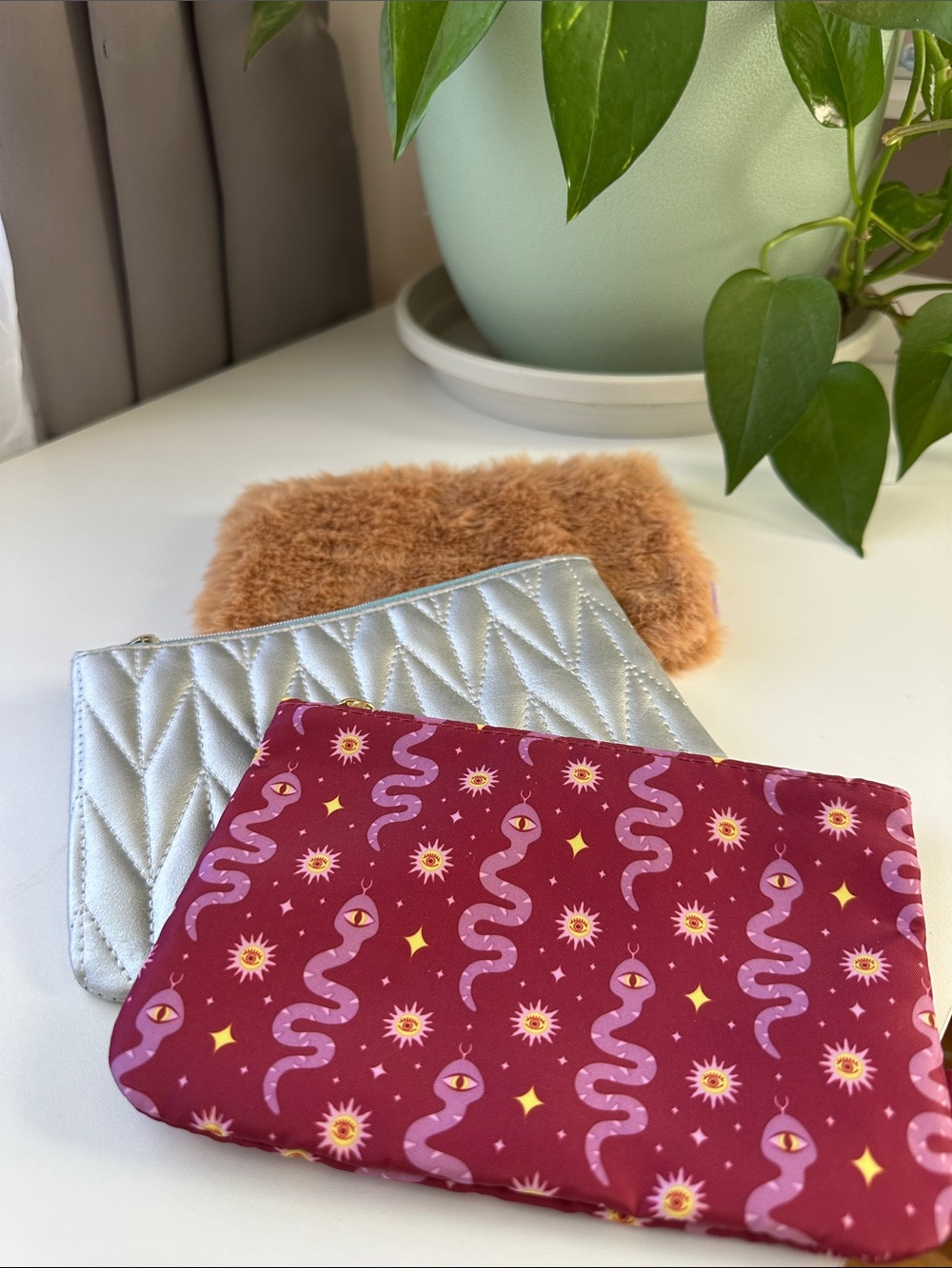 Set of Three Ipsy cosmetics bags in Burgundy, Silver, and Tan Fur